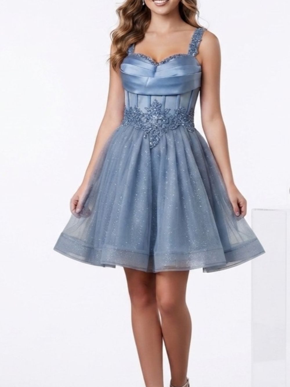 Satin & Tulle Dusty Blue Party Mini Dress